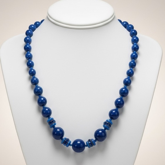 Vintage Czech Blue Peking Lapis Glass Bead Necklace Graduated - Picture 2 of 8